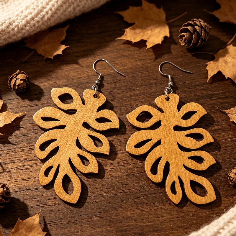 Women's Vintage Wooden Leaf-shaped Earrings, Bohemian Style